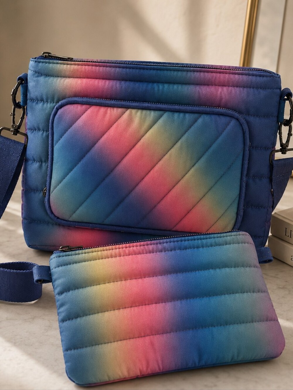 Think Royln Rainbow Ombre Quilted Puffer Crossbody Bag + Pouch Lightweight Nylon